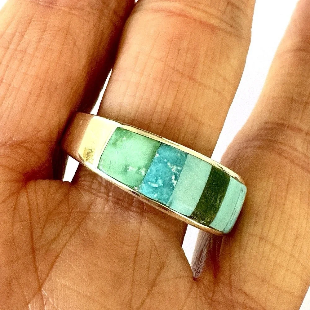 Navajo Mens Wedding Band Turquoise Inlay Sz 12.5 Ring 8mm Signed Tsosie Native